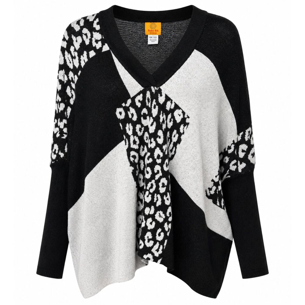 Ruby Rd Woman One Size Black White Animal Print Oversized Sweater Poncho